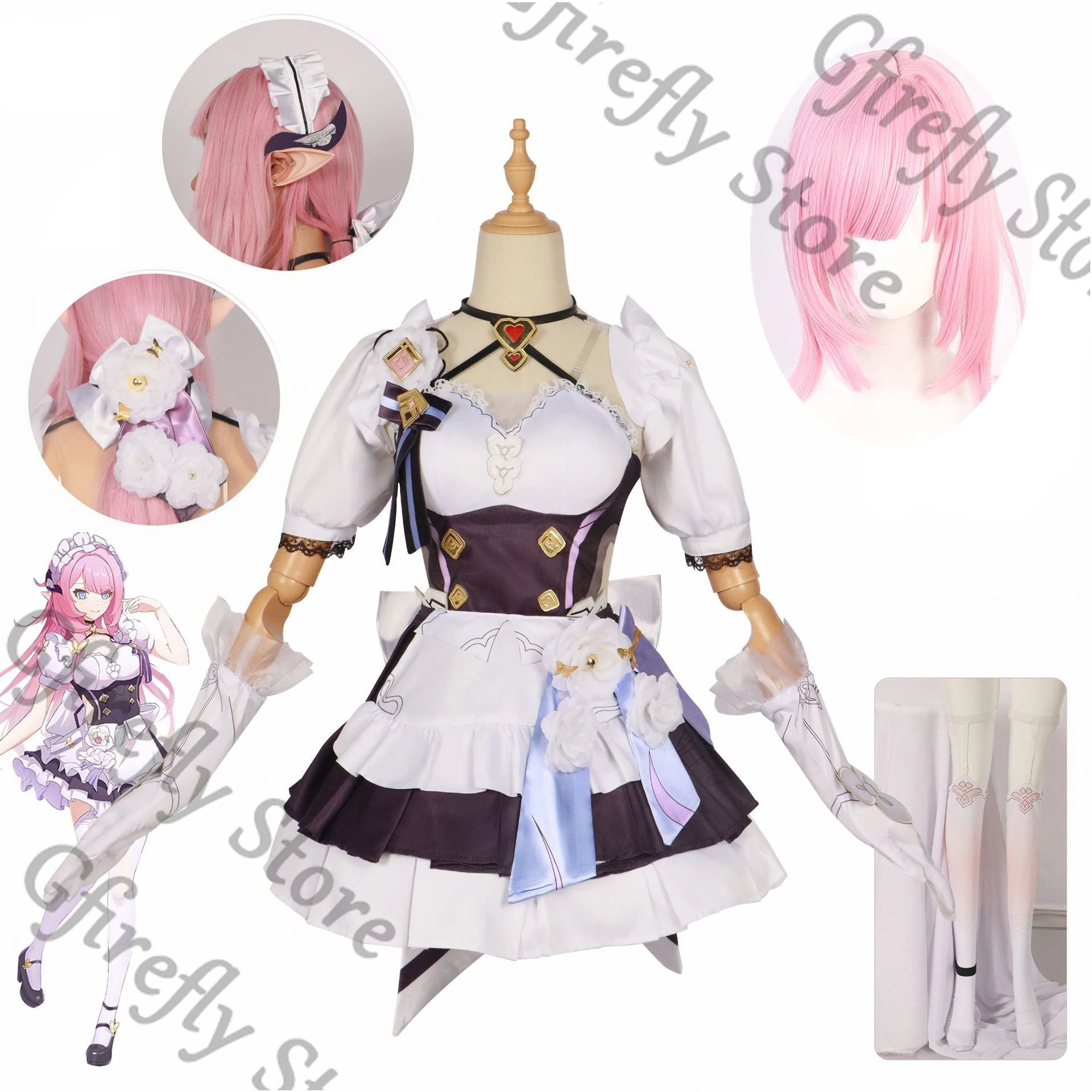 

Elysia Maid Outfit Anime Clothing Customs Clothes Honkai: Star Rail Lolita Cosplay Women Fitting Apparel Props Wig Complete Set