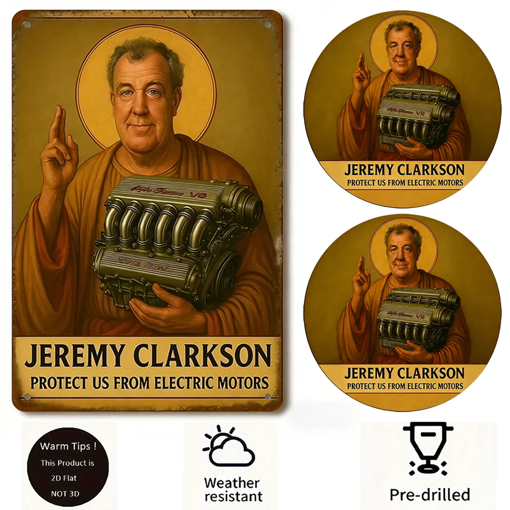 Ein Vintage-Metallposter mit dem Rennwagen von Jeremy Clarkson, entworfen für die Dekoration robuster Garagen, inspiriert von Top Gear.