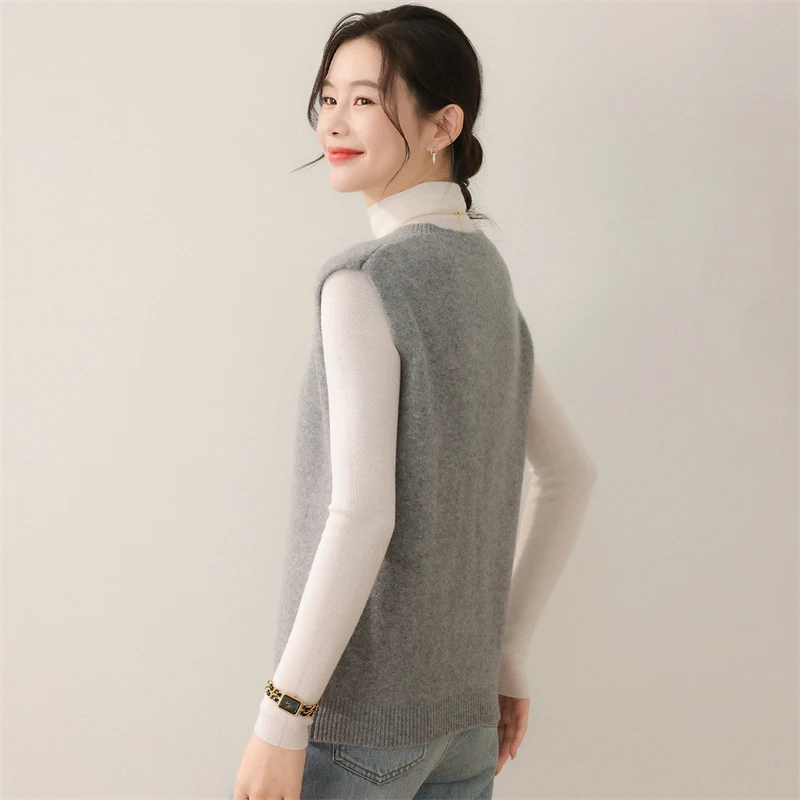 

Женский шерстяной жилет с v-образным вырезом, пуловер, осень-зима, однотонный жилет, трикотаж из 100% мериносовой шерсти, кашемировый свитер без рукавов, топ