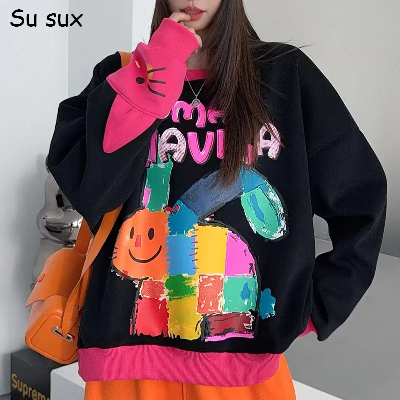 

2026 весенний пуловер большого размера с рисунком кролика, женские толстовки в японском и корейском стиле, модные повседневные топы с круглым вырезом и длинными рукавами Y2k