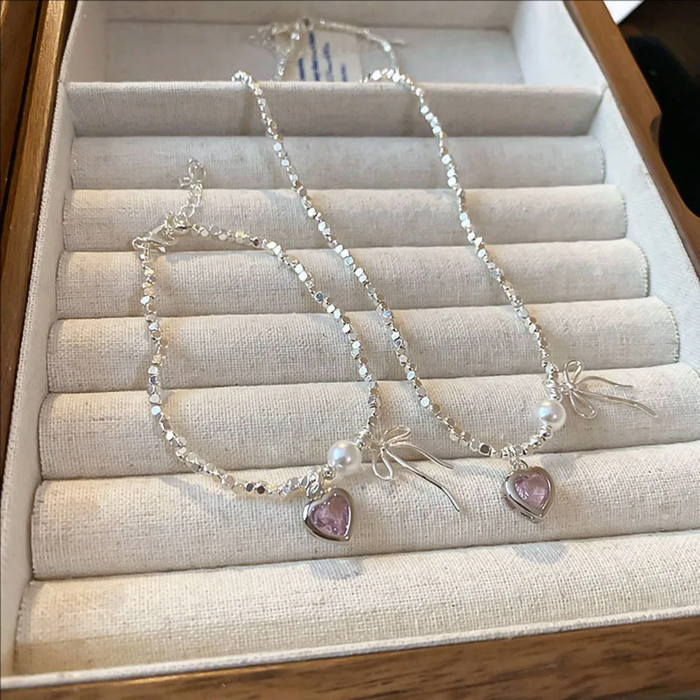 

Female Accessories Zircon Heart Bow Broken Silvery Pearl Necklace Bracelet set High-end Collarbone Chain Sweet Jewelry
