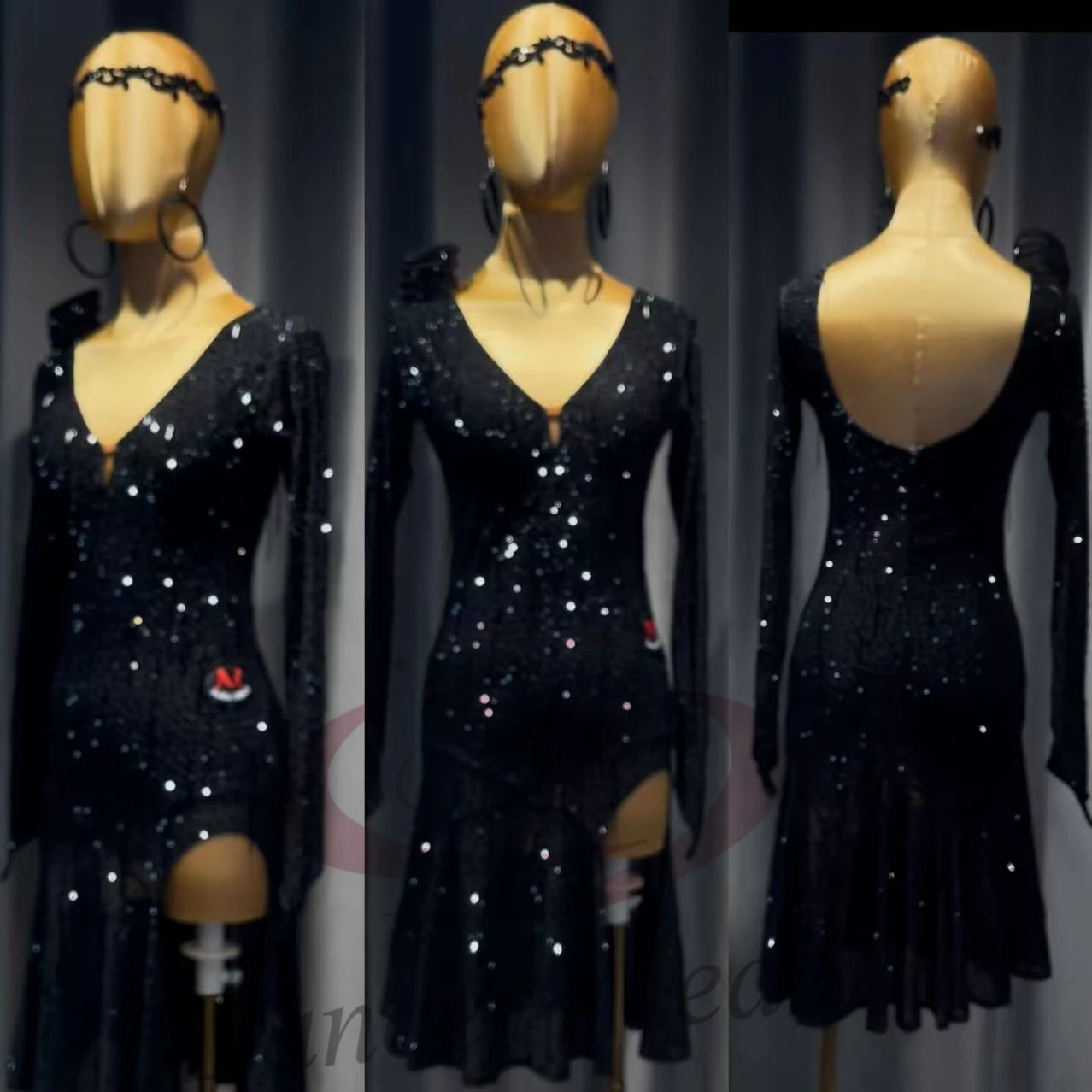 الرقص اللاتيني AB Stone أنثى الكبار الأطفال الراقية مخصصة منتصف الليل السماء المرصعة بالنجوم سبليت تنورة سوداء بركة السامبا الأداء فستان #3