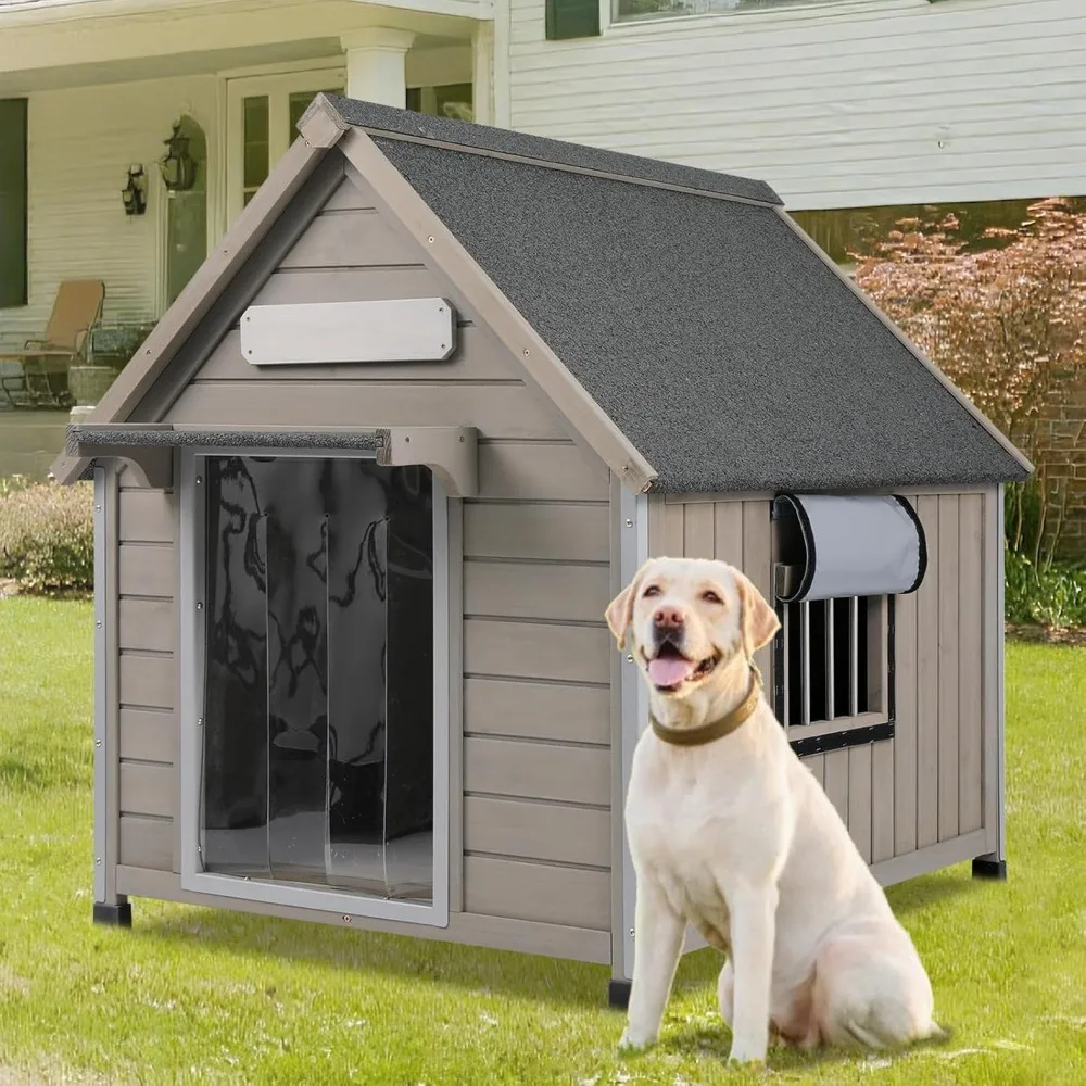 

Large Dog House Outdoor, Wooden Indoor Dog House Kennel with Waterproof Roof, Chew-Proof Iron Frame, Doghouse Puppy Shelter for