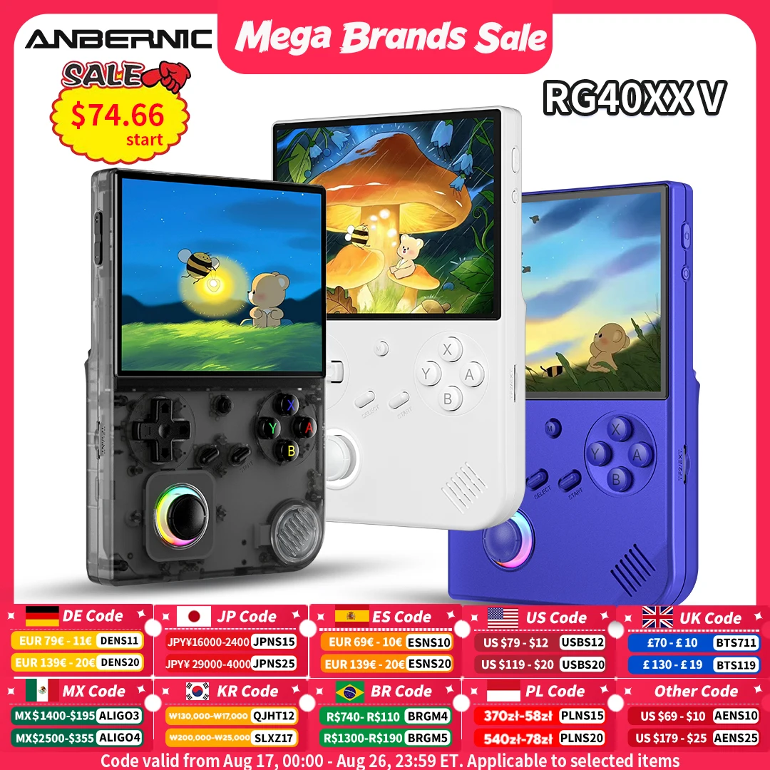 Console de jogos portátil retrô Anbernic RG 40XXV com tela IPS de 4.0 polegadas, sistema Linux de 64 bits, luz RGB, cartão de 64G e mais de 5000 jogos RG40XXV