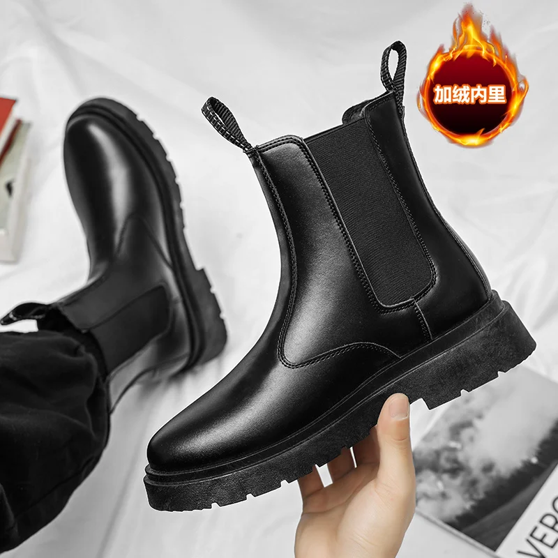 Botas Chelsea de piel para hombre, zapatos cálidos de felpa, botines cortos sin cordones, zapatillas informales cómodas para exteriores, Invierno