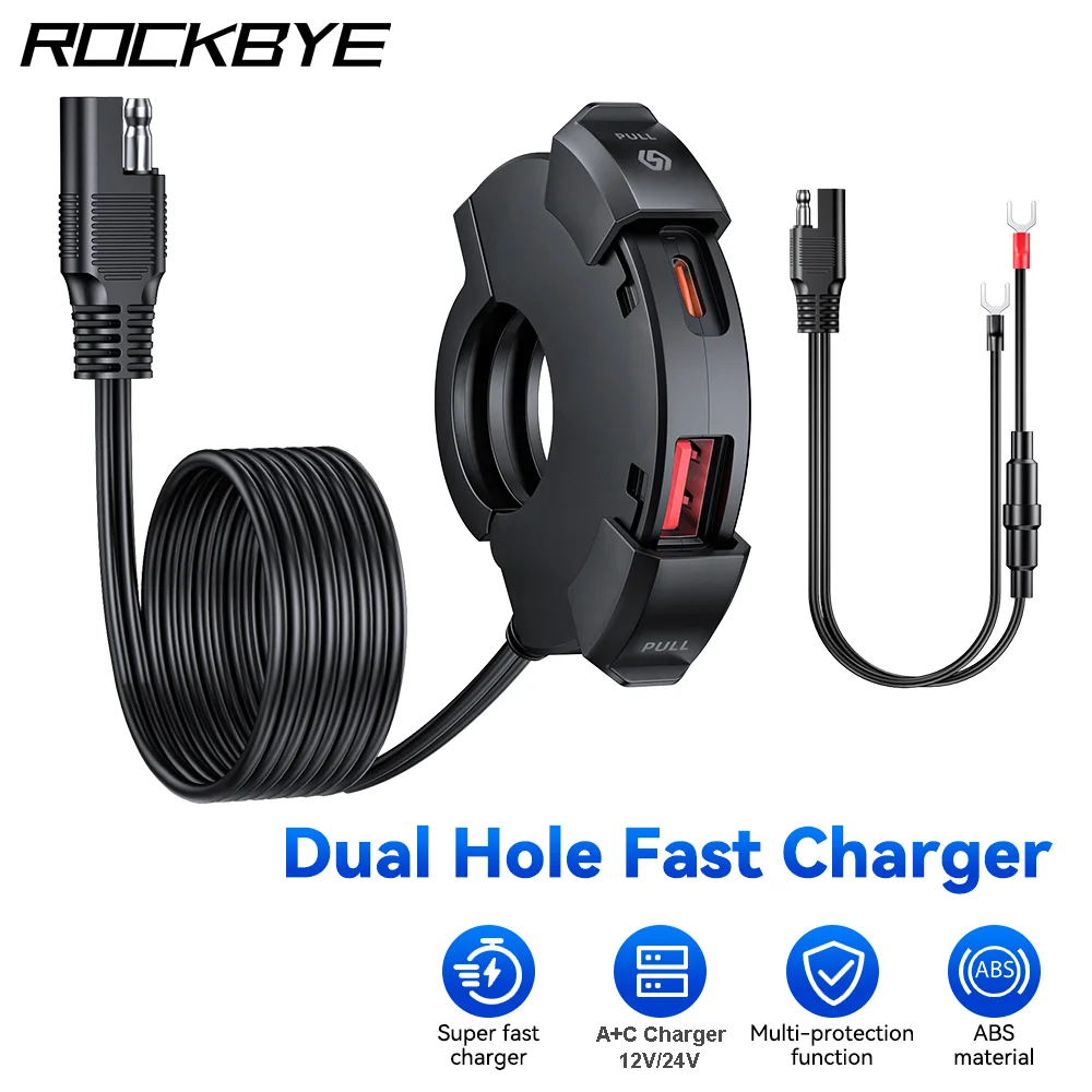 Rockbye Motorcycle USB Fast Charger Waterproof IP65 Dual Charging Motorcycle A+C Charger 12V/24V For Electric Bike,Moto