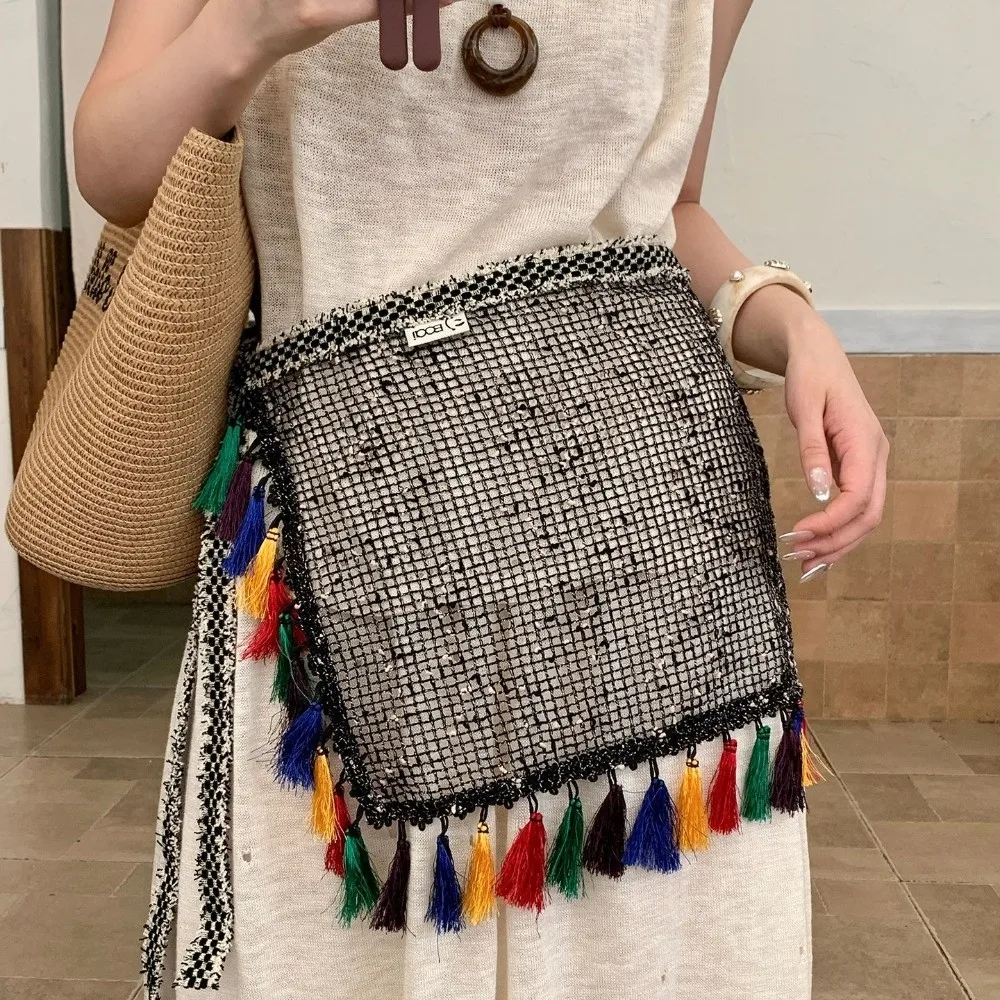 Fashion Mini Skirt Hollow Fringed Hip Panel Ethnic Style Retro Butt Curtain for Women Versatile Decor Hip Curtain Streetwear