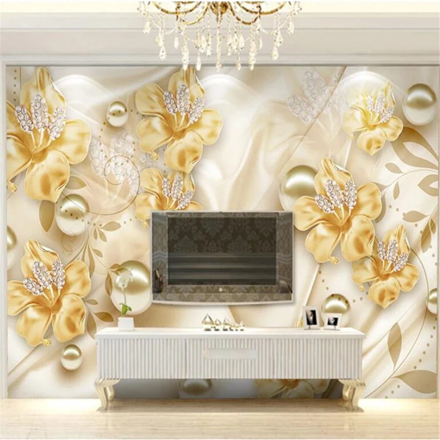 Custom wallpaper 3d murals gold jewelry flower papel de parede beautiful TV background wall papers home decor mural 3d wallpaper