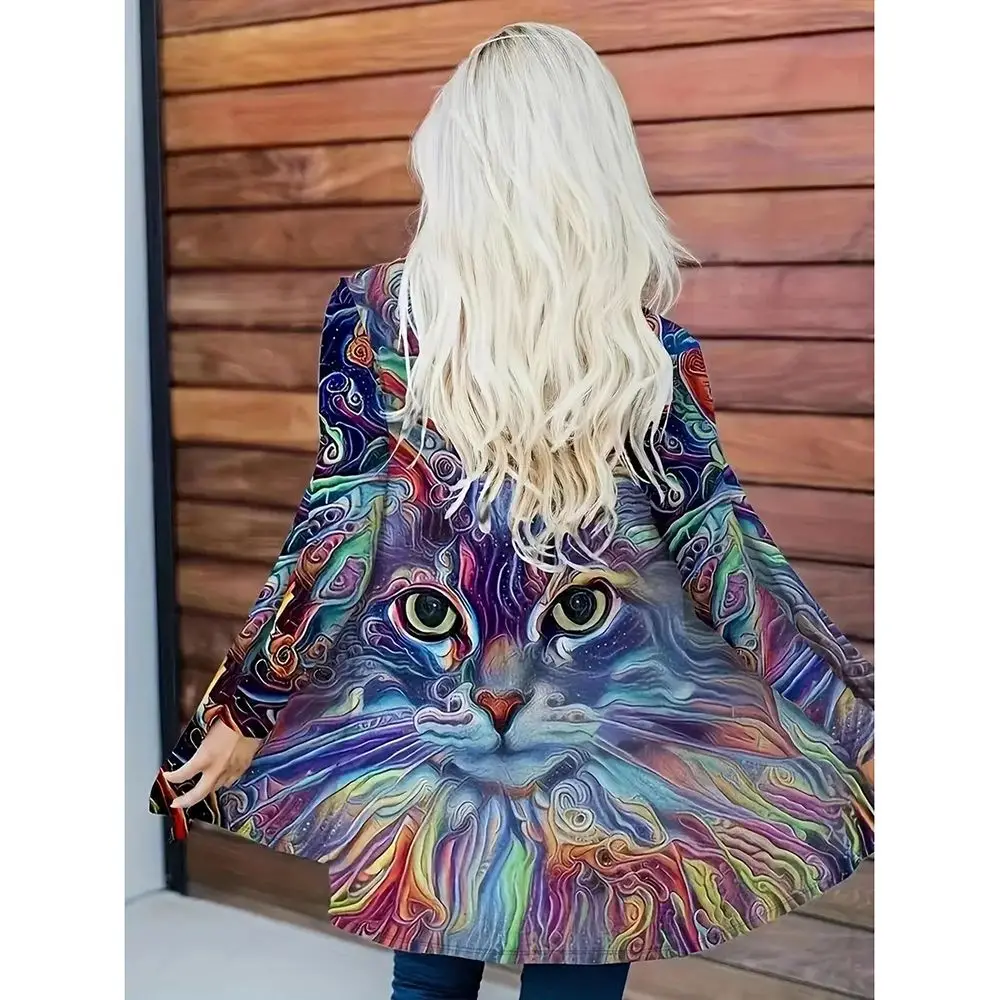 Women Kawaii Cat Print Long Sleeve Coat Cashmere Cardigan Fashion Harajuku Women's Casual Cartoon Animal Print Oversized Tops