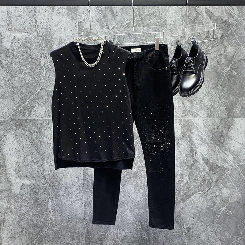 

Летняя корейская мужская повседневная толстовка без рукавов с круглым вырезом, свободного кроя, с дизайном из страз и перфорацией, модная молодежная.