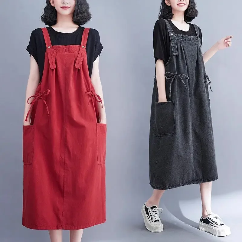 

Summer Versatile Spaghetti Strap Cotton Denim Midi Dress Women's Korean Fashion Sleeveless Slim Overall Dresses Jeans Vestidos