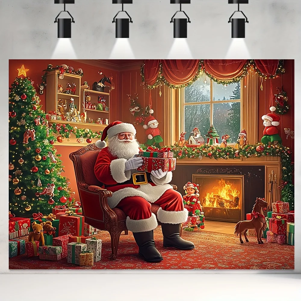 tapestry Festive Polyester Christmas Santa Claus & Fireplace Scene, Versatile Holiday Decor, No Power