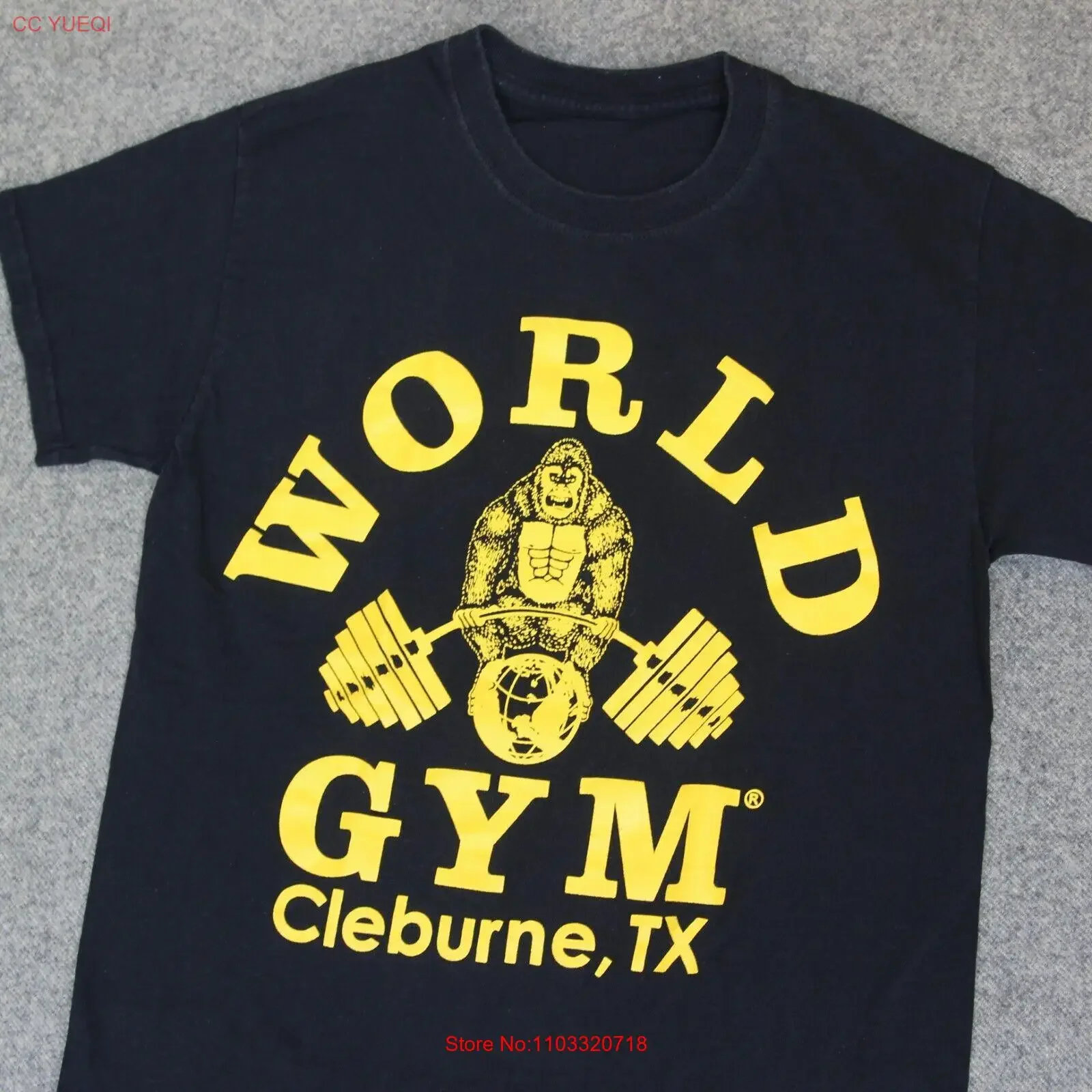 Футболка World Gym, мужская Est XS, черная, Cleburne Texas, тяжелая атлетика, горилла, винтажный потертый топ для повседневной носки, уличная одежда унисекс