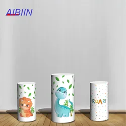 Cute Dinosaur Cylinder Backdrop Cover Green Leaf Palm Tree Baby Shower Birthday Party Decor Elastic Pedestal Background Cover