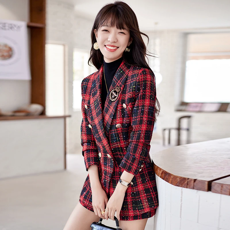 Autumn Winter Small Fragrance Vintage Tweed Plaid Two Piece Set Women Slim Jacket Coat Blazer+ Shorts Skirts Sets 2 Piece Suits