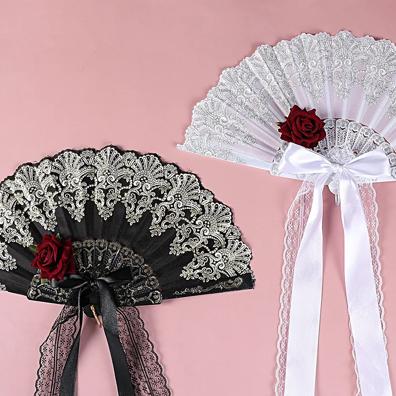 Lolita Lace Folding Fan, Gorgeous, Retro Style, Rose, Dark Comic-Con Cosplay, Photography Props, Stage Performance, Dance Party