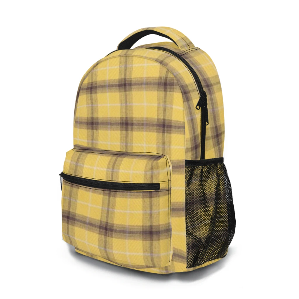 New Fashionable  Yellow and Brown Plaid Backpack Bag Large Capacity Trendy Book Bag Multi-pockets Adjustable 17inch