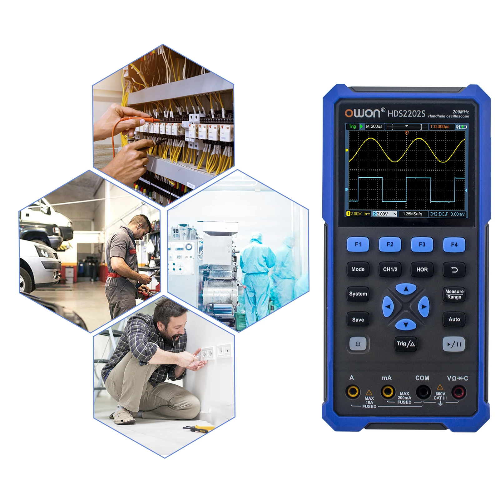 OWON HDS2202S 200Mhz Digital Oscilloscope 2 Channels 1GSa/s True RMS 3 in 1 Portable Osiclloscopes+Multimeter+Waveform Generator