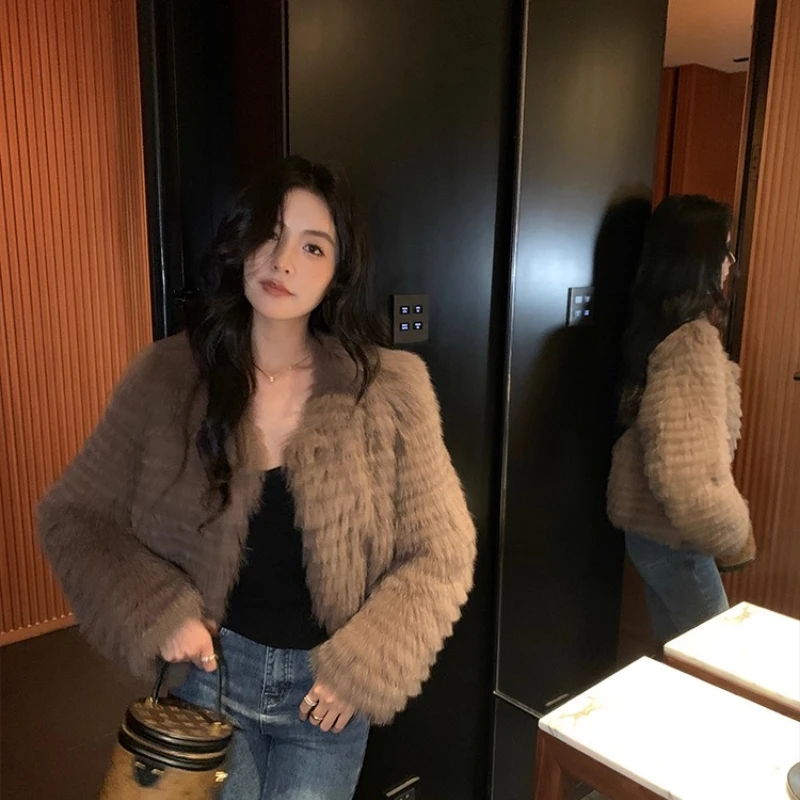 YOLANFAIRY Fox fur real coat winter warmth V-neck blouse long sleeve Short-Length commuting cocoa whole fur jacket female 2025