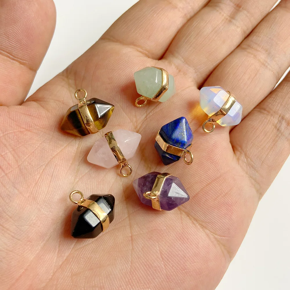 10x17mm Natural Stone Hexagonal Pendant Tiger Eye Rose Quartzs Lapis Lazuli Pendant Healing Yoga Charms for Jewelry Making DIY