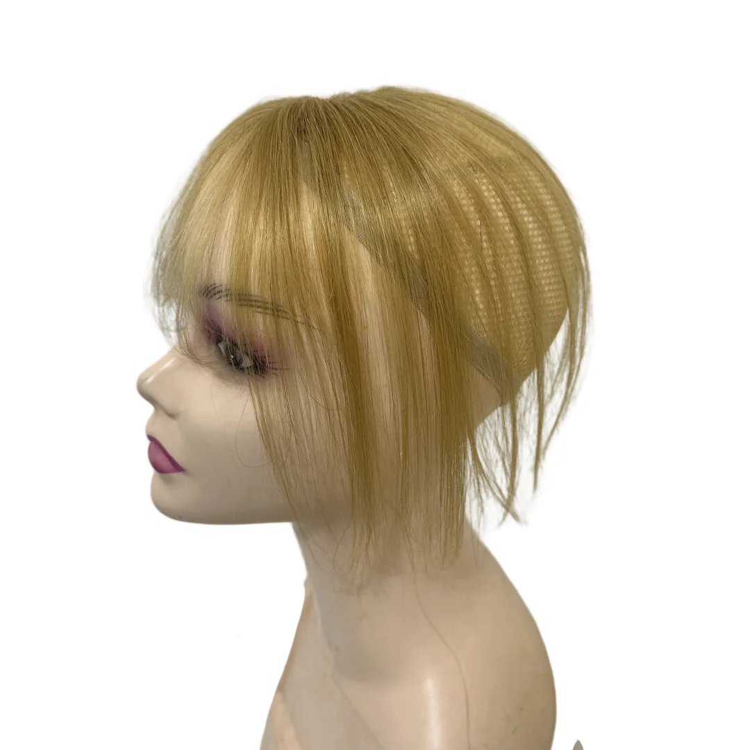 شعر بشري حقيقي للنساء، قاعدة صغيرة من الدانتيل السويسري قابلة للتنفس، قطع شعر أشقر، مشبك على شكل غرة وهمية في وصلات الشعر البشري