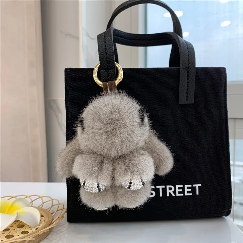 2024 Real Mink Fur Bunny Fur Pendant Bag Jewelry Key Chain Plush Pendant Trumpet Cute Cute Rabbit Children Animal Cartoon Doll