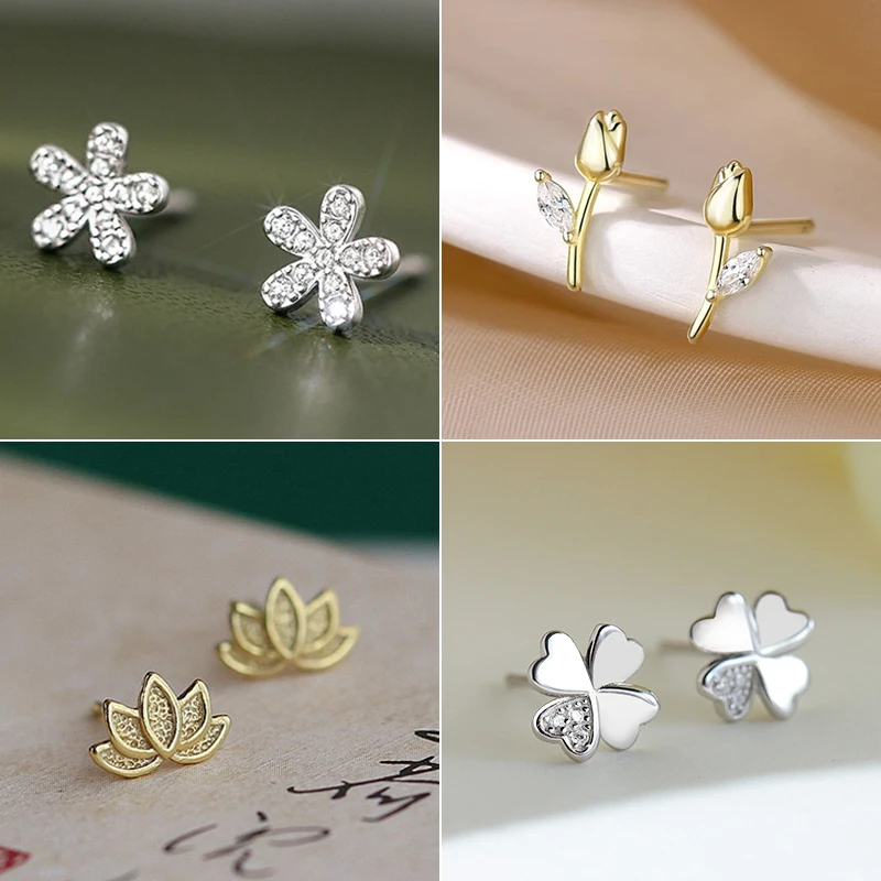 Fashion Small Zircon Plant Stud Earrings For Women Girls Cute Tulip Lotus Charm Cartilage Tragus Ear Piercing Jewelry Gift