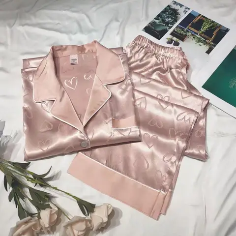 긴팔 바지 시뮬레이션 실크 잠옷 여성 가을, 겨울 카디건 옷깃 학생 잠옷 러브 블루 여성용 홈웨어 Best5