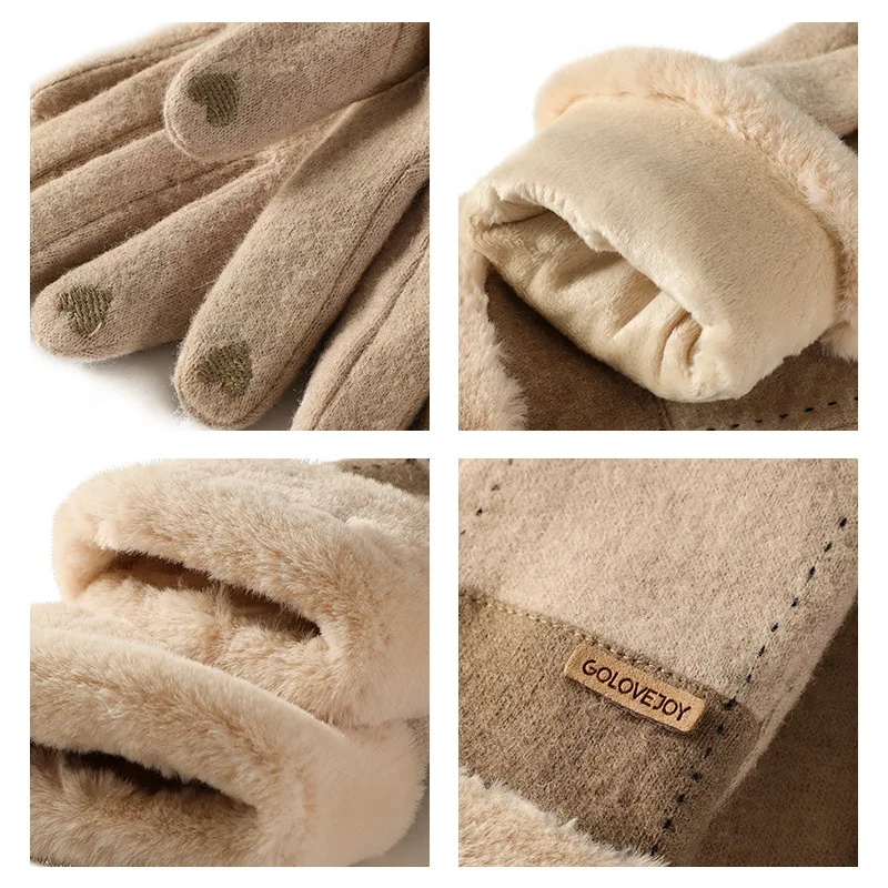 Winter Warm Cashmere Gloves for Women Girls Outdoor Cycling Riding Thicken Wool Touch Screen Full Finger Gloves Driving Mittens