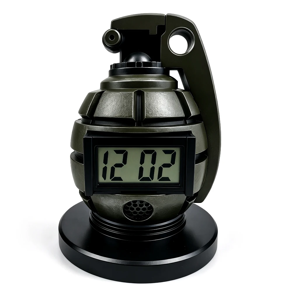 Novelty Grenade-Shaped Alarm Clock, Loud Drill Sergeant Voice Alarm with Flashing LED and Vibration, 5 Alarm Modes