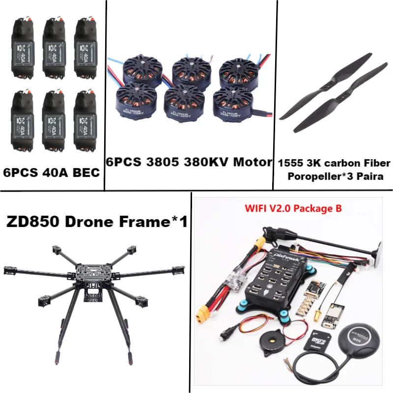 ZD850 Pixhawk 2.4.8 M8N Full Carbon Fiber 850mm Hexa-Rotor Frame BLHELI 40A ESC Flight Comtrol Rado Telemetry Set