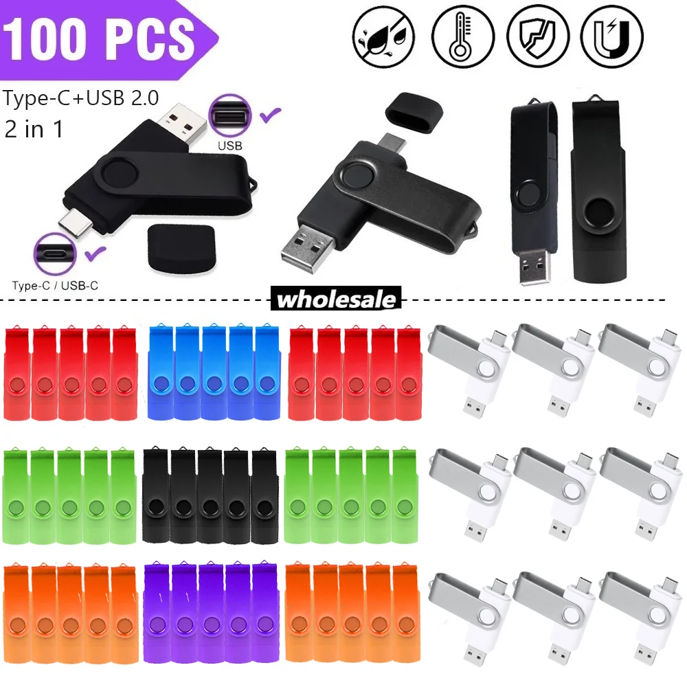 

100pcs/lot Rotable USB Flash Drive 128GB Free Custom Logo Pendrive 64GB OTG 2IN1 Memoria USB Stick 32GB Type C USB 2.0 Pen Drive