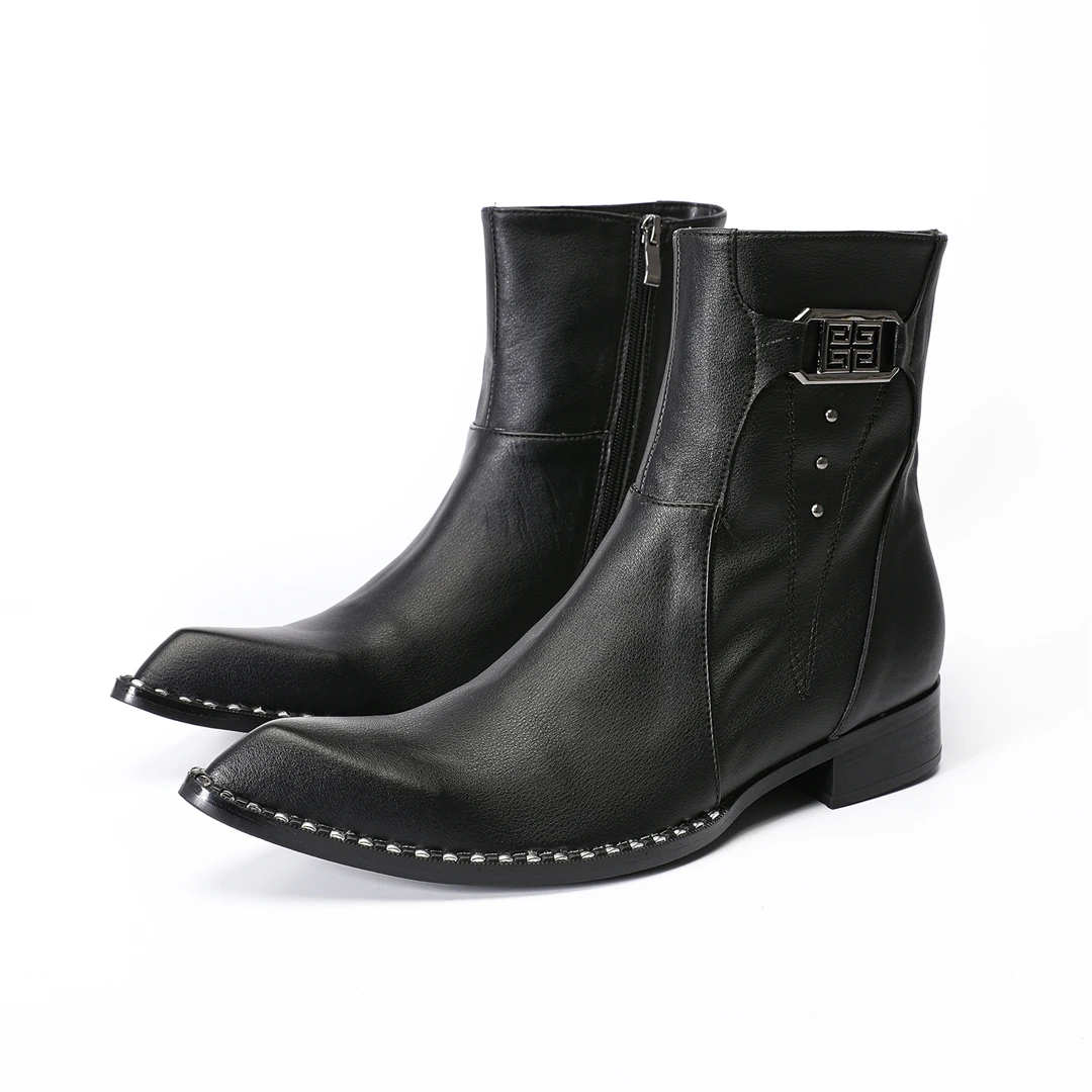 fashion black pointed toe men genuine leather ankle boots man zipper motorcycle short boots male formal business dress shoes