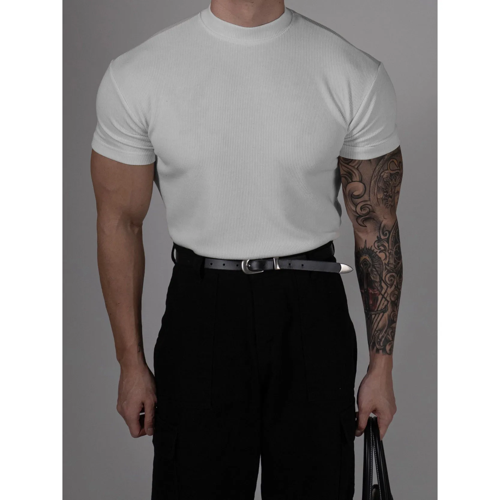 

Threaded High Neck Sports T-shirt Men High Elastic Summer Slim Compression Quick Dry Running Training Fitness Short Sleeve Tops