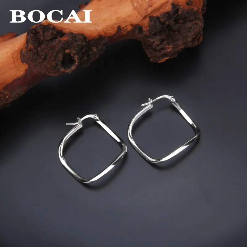 

BOCAI S925 Sterling Silver Square Ear Rings Large Ring Ear Buckles for Women Ins Design Temperament Fashionable Jewelry
