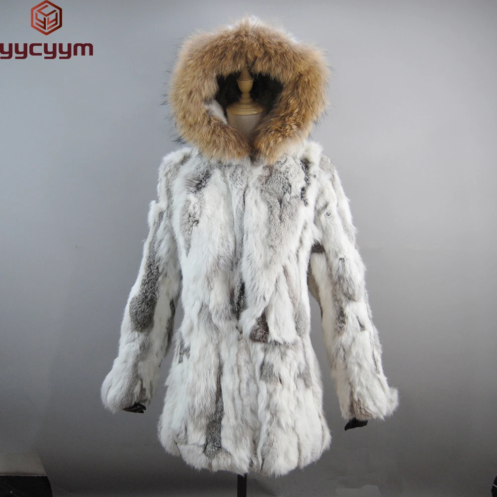 

Lady Winter Hooded Real Fur Coat Natural Warm Rabbit Fur Jacket With Raccoon Fur Collar Women 100% Genuine Rabbit Fur Outerwear