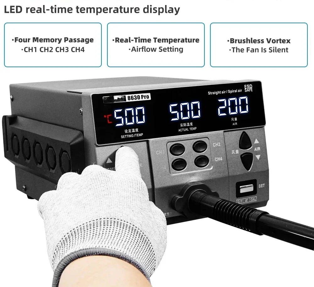2024 SUGON 8630Pro 1300W Pistola ad aria calda Display digitale BGA Rilavorazione Ugello curvo Saldatura Stazione dissaldante di riparazione