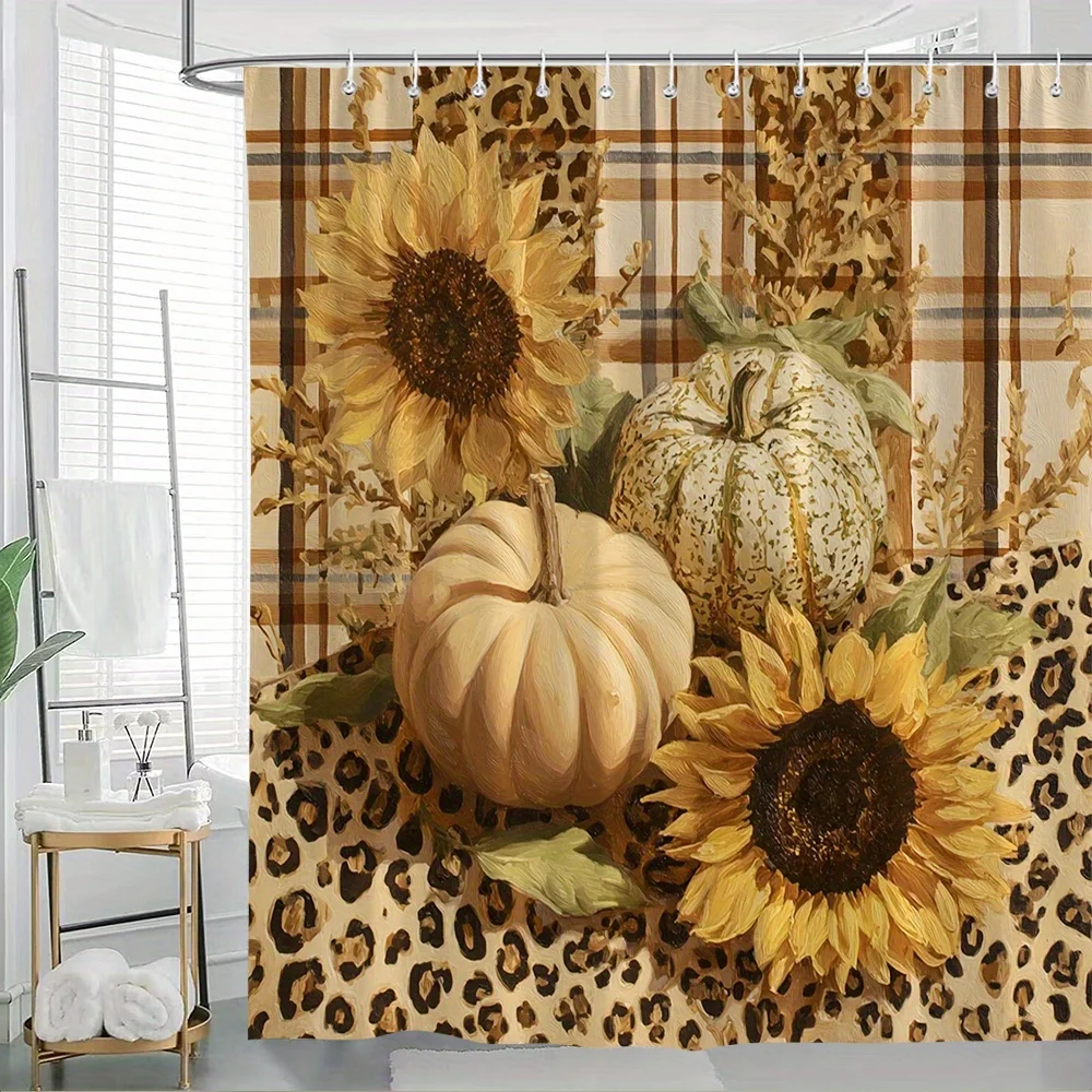 

1 шт. осенняя занавеска для душа с осенними подсолнухами и тыквой в деревенском стиле с леопардовым принтом - занавеска для ванны из полиэстера с 12 шт.