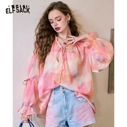 ELFSACK 2024 Summer New Butterfly pattern collar design lazy style chiffon print slim shirt for women