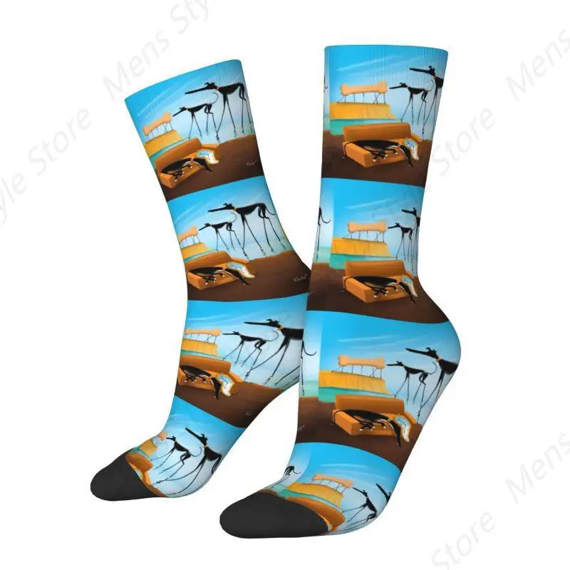 Salvador Dali Funny Greyhound Lurcher Men's Crew Socks Unisex Cool 3D Print Whippet Sighthound Dog Art Dress Socks