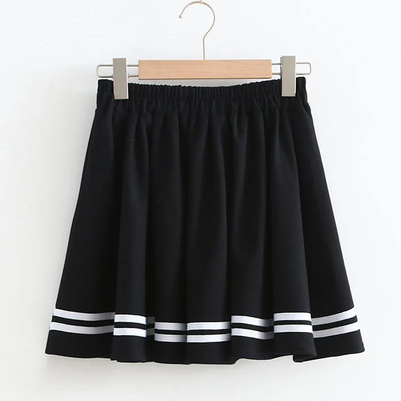 새로운 2026 봄 코튼 스커트, 여성용 신축성 있는 허리 스트라이프 주름 패치워크, 모리 걸 네이비 일본 스타일 루즈 숏 스커트 B5D684CC