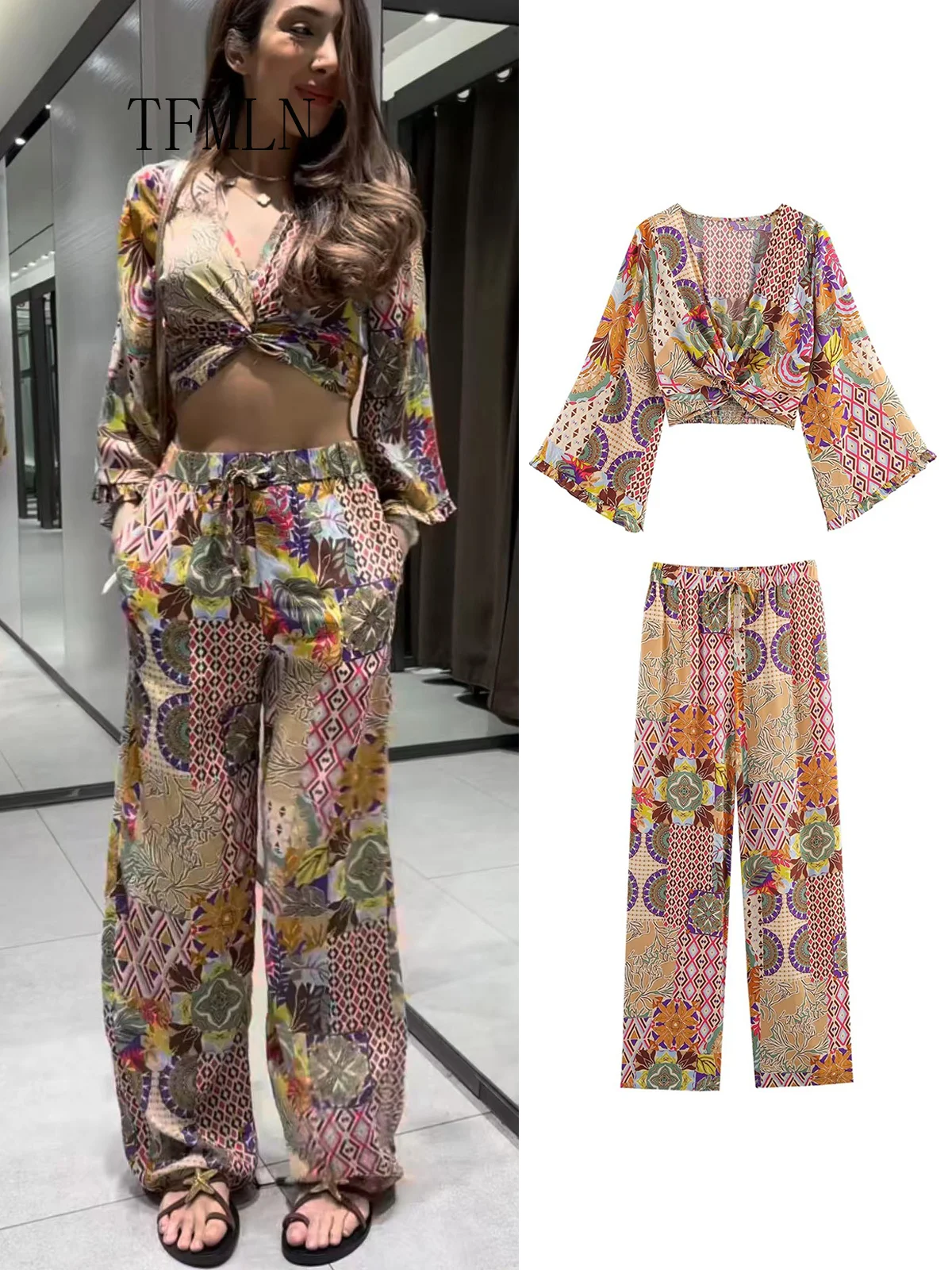 

TFMLN Women's Fashion Shirt Stretchy Pants Set Summer V Neck Flare Sleeve Short Shirt Wide Leg Pants Set Fashion Casual Style