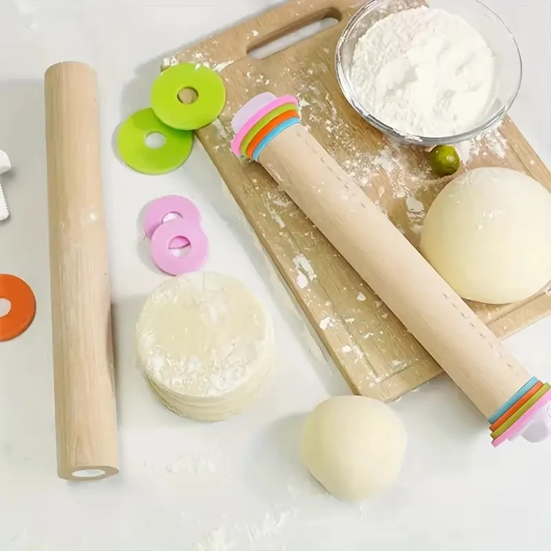 Adjustable Thickness Wooden Rolling Pins Set with Removable Rings Versatile Log Material Dough Roller for Baking Kitchen Tools