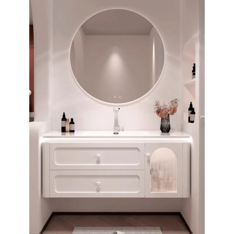 

Solid wood ceramic integrated basin, rounded corner bathroom cabinet, bathroom hand wash basin cabinet combination