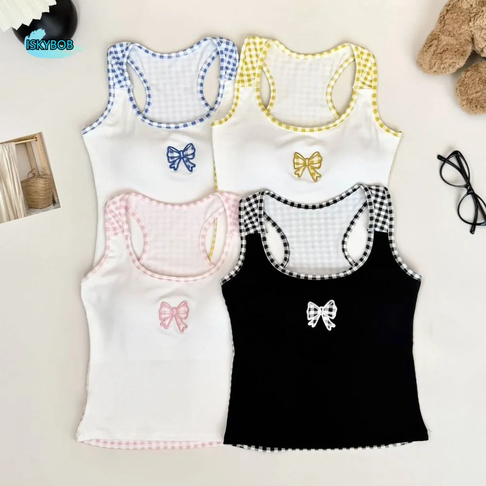 

Grid Sleeveless Crop Top Streetwear Bowknot Korean Bow Tank Top Slim Fit Beachwear Camisole With Pads Lady Girls