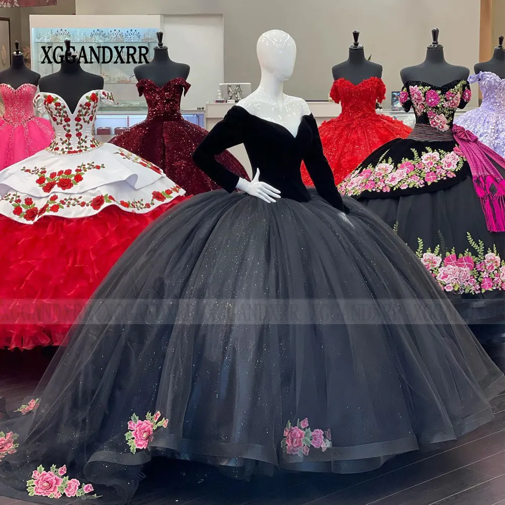 Black Quinceanera Dresses 2024 Long Sleeves Prom Party Wear Ball Gown Sweet 16 XV Years Old Miss Birthday Dress Pageant Mexican