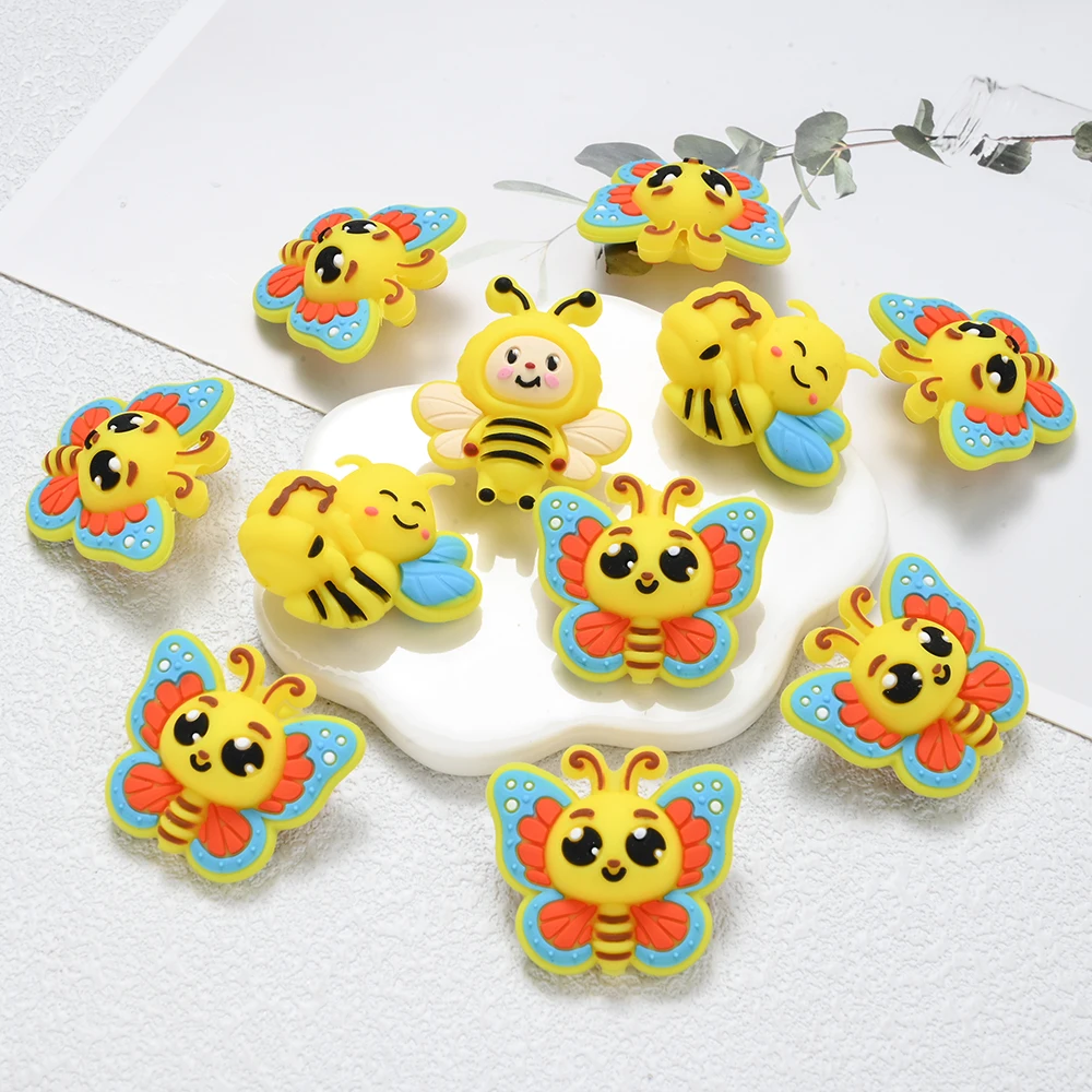6Pcs Silicone Teether Beads Cute Bee Focus Bead BPA Free For Handmade Pacifier Chains DIY Jewelry Making Accessories Baby Toys