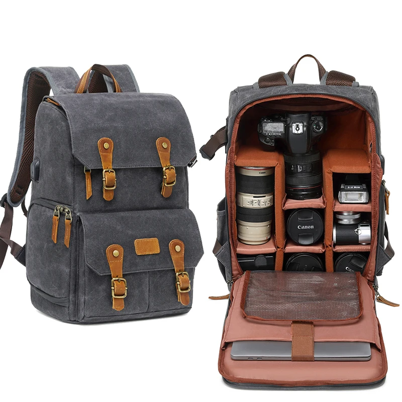 Retro Batik Canvas Photography Camera Backpack with USB Port fit 15.6 inch Laptop Waterproof Men Camera Bag for DSLR Drones