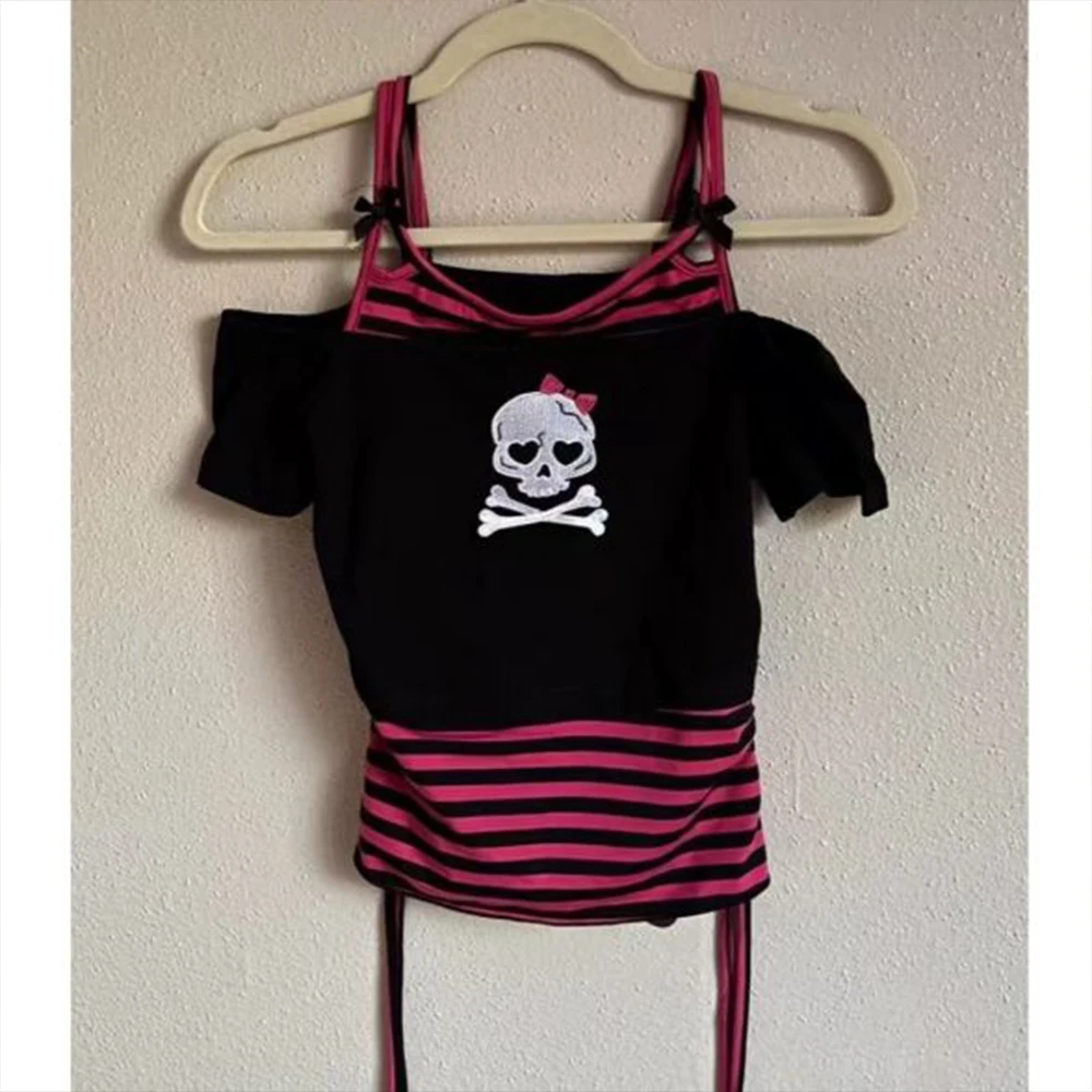 

Summer Gothic Fake Two Piece Retro Skull Printed Women's T-Shirt Y2K Aesthetic Stripe Patch Top Summer Off Shoulder T-Shirt Top