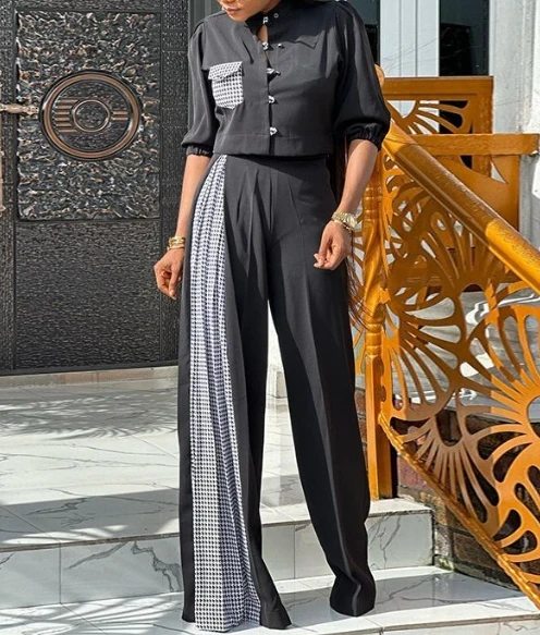 

Standing Collar 5/4 Sleeve Shirt Printed Panel High Waist Wide Leg Pants Two Piece Set New Hot Selling Fashion Women's Wear